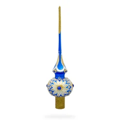 BESTPYSANKY Snowflake-White Daisy On Blue Glass Christmas Tree Topper 11 Inches