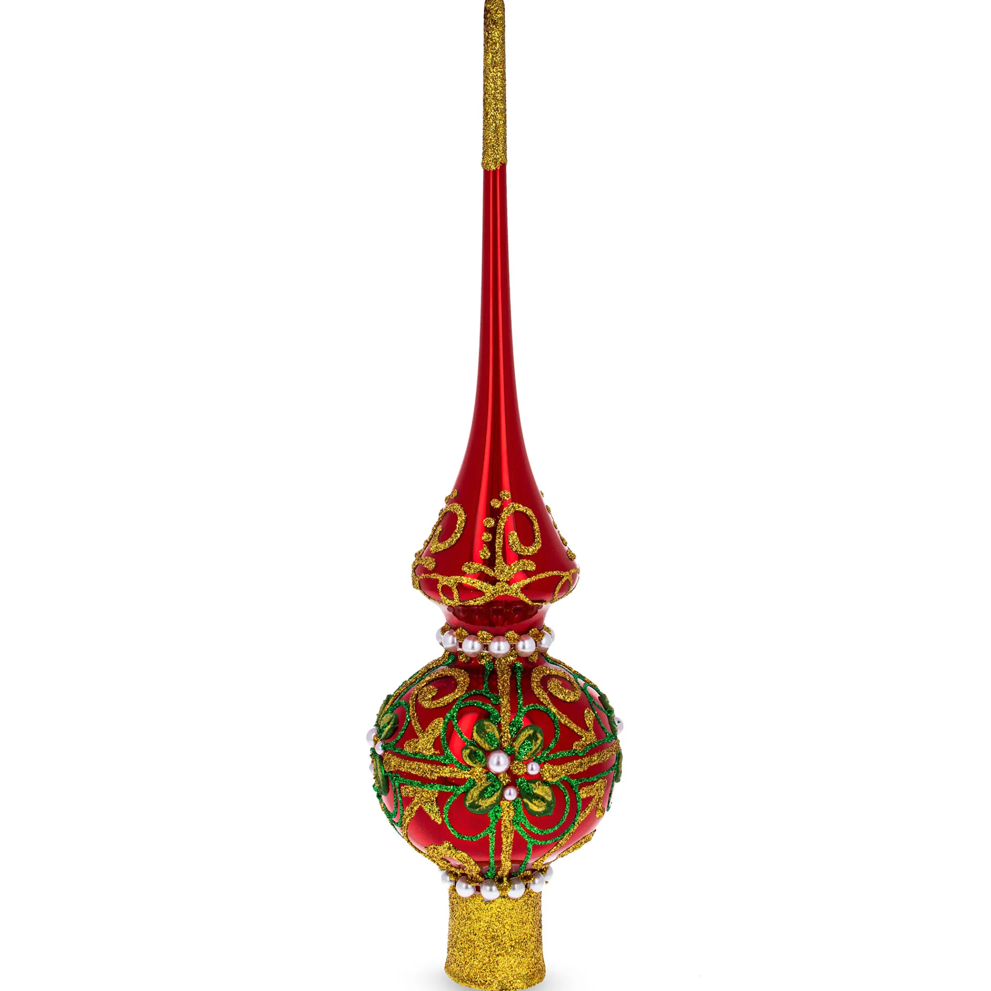 BESTPYSANKY Snowflake-White Pearls On Glossy Red Glass Christmas Tree Topper 11 Inches