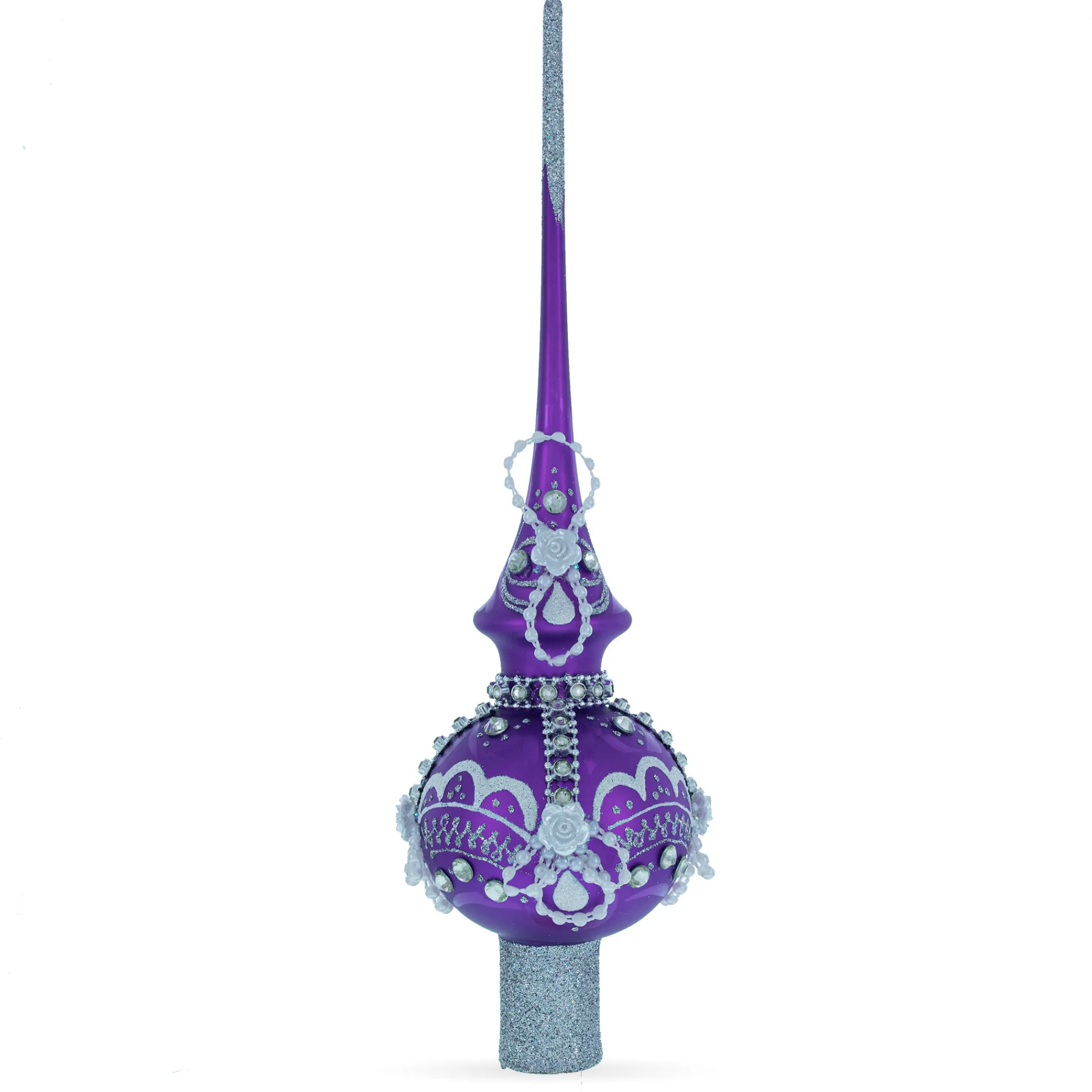 BESTPYSANKY Finials-White Roses On Purple Glass Christmas Tree Topper 11 Inches